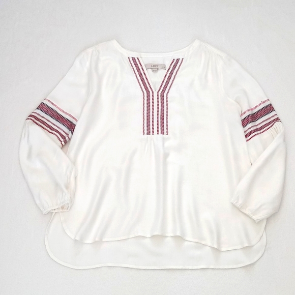 Ann Taylor LOFT Cream Rayon Blend Blouse w Red Stripe Embroidery Trim Blouse MP - Picture 9 of 13